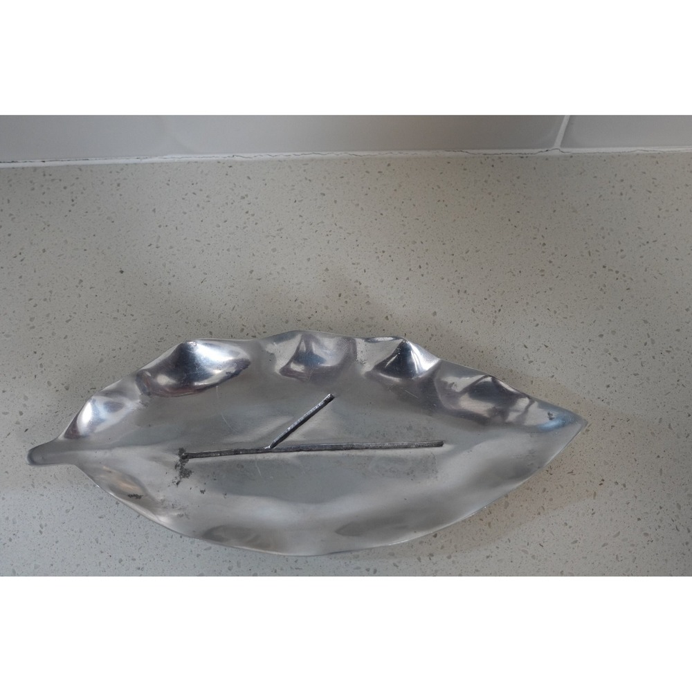 vintage trinket holder leaf shape pewter with patina 9 inches long